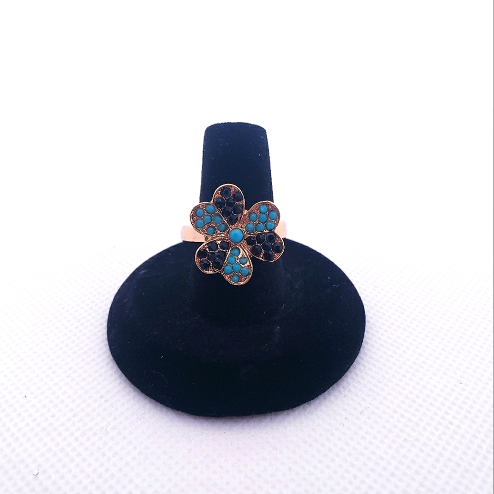 Black Rhinestones & Turquoise Flower Gold Ring